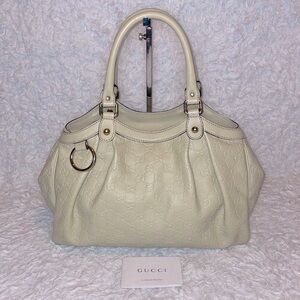 Gucci GG Guccissima Sukey Medium Leather Shoulder Tote Bag Purse in Cream
